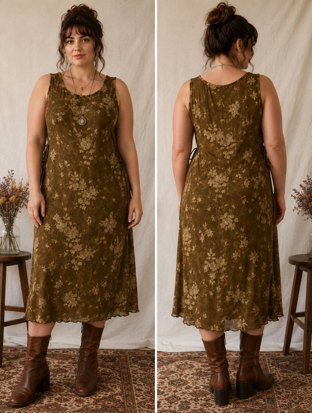 Vintage Saint Tropez Floral Midi Dress Olive Brown Side Tie Cottagecore Size 12
